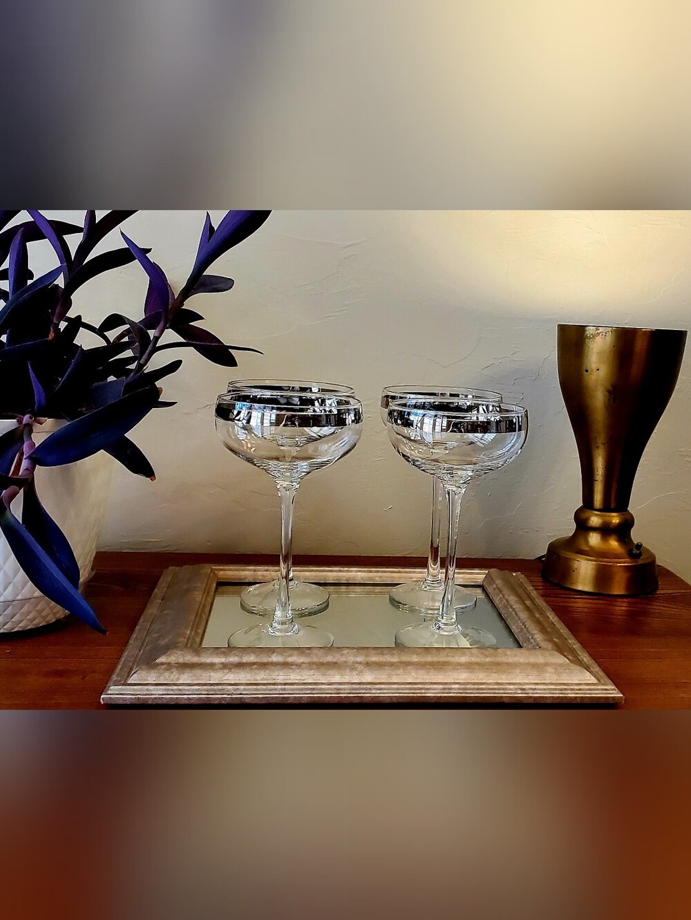Crystal Coupe Glasses with Silver Band - Set of 4
